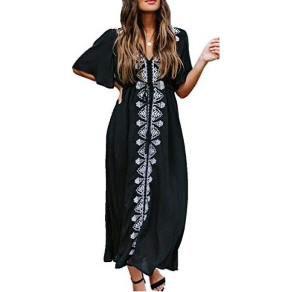 Strut & Bolt Los Angeles Long Maxi black dress boho kaftan w white embroidery M - Picture 9 of 9